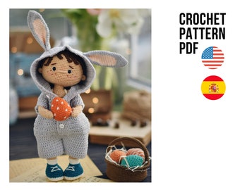 Cute crochet doll little Easter eggs hunter, Flip, PDF ENGLISH SPANISH pattern