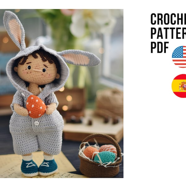 Jolie poupée au crochet petit chasseur d'oeufs de Pâques, Flip, PDF ANGLAIS ESPAGNOL