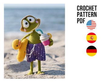 Amigurumi cute summer frog on vacation, PDF ENGLISH Spanish German crochet animal pattern