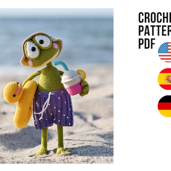 Amigurumi cute summer frog on vacation, PDF ENGLISH Spanish German crochet animal pattern