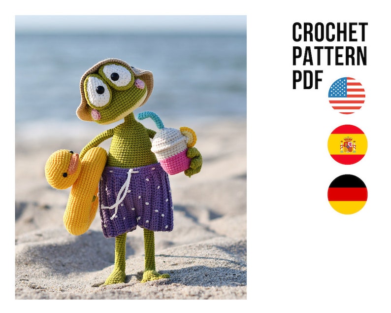 Amigurumi cute summer frog on vacation, PDF ENGLISH Spanish German crochet animal pattern image 1