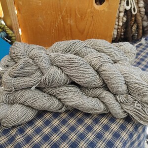 May include: A skein of gray yarn, twisted and folded, on a blue and white checkered surface.