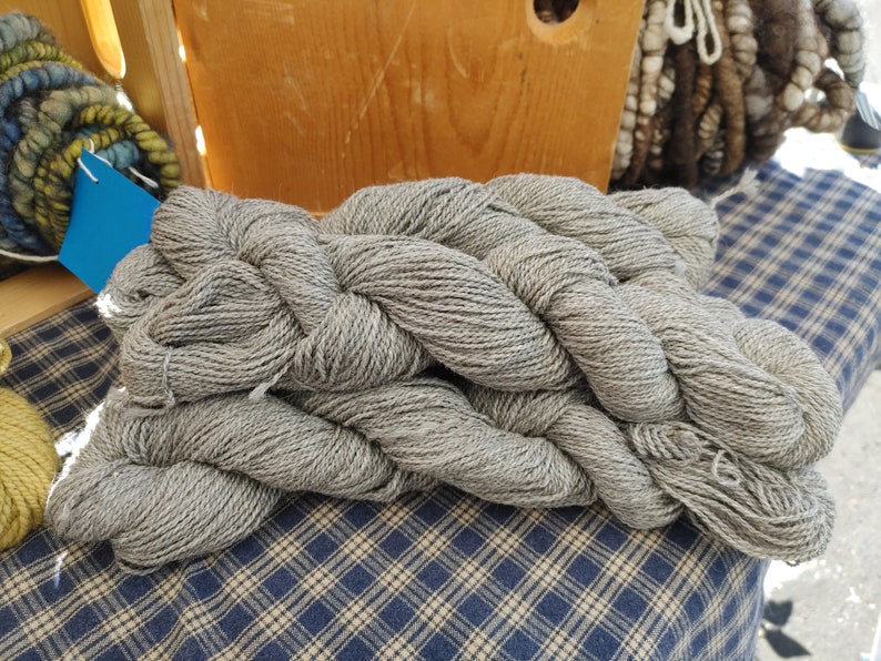 May include: A skein of gray yarn, twisted and folded, on a blue and white checkered surface.