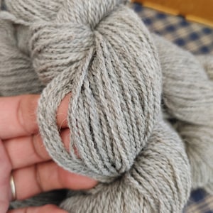 May include: A skein of light gray yarn, made of wool, with a soft, fuzzy texture.