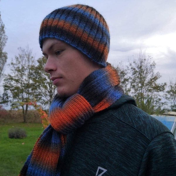 Bonnet tricot homme et écharpe fait mains en laine couleur automne Halloween idée cadeau noel