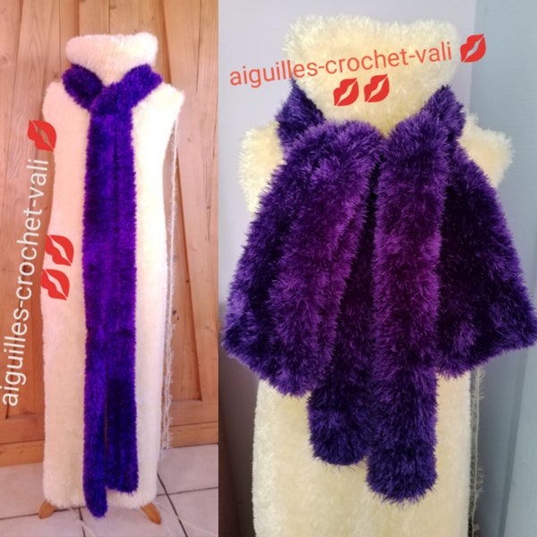Longue écharpe laine de 3 mètre fluffy violet tricotée mains hairy knitfur