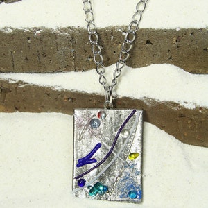 Handmade fused glass necklace with White gold on glass pendent, &quot;Miro Inspired&quot;  using many kinds of glass accents for the color 1 3/8x1 3/4