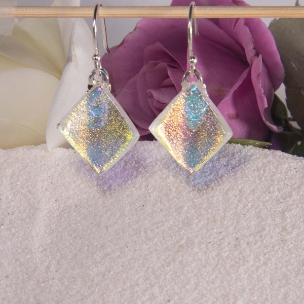 Single wave, handmade dichroic glass earrings, glass earrings that catch the light as you move.