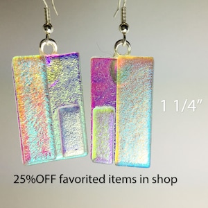 Mosaic, Handmade dichroic glass earrings, glass earrings, made with colors  of dichroic glass in a mosaic group of colors.