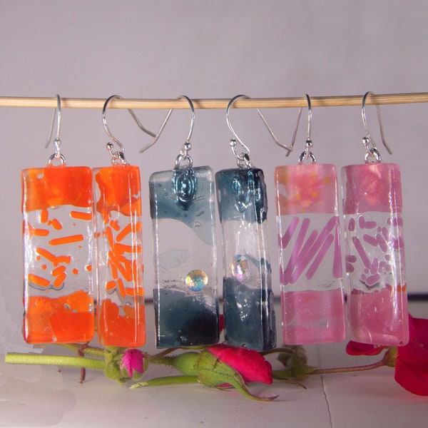 Candy Colors with Twix, transparent chips of glass with threads of the same color in the middle. Handmade fused glass earrings.1 5/8 x 5/8
