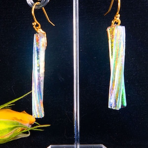 handmade dichroic glass jewelry, single twist of Dichroic glass with grooves to give it dimension. 1 3/4 x 1/4
