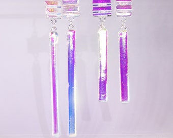 These dichroic drops  are simple, but make a statement, handmade dichroic glass earrings, 3 3/4" or3"