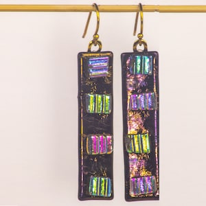 Iridescent handmade fused glass earrings, with Dichroic squares &quot;Iridescent and Dichroic&quot; offset each other for a rich combination of color.