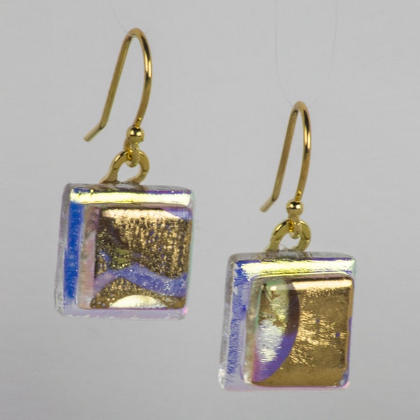 Gold swirls. Handmade dichroic glass earrings, with Gold swirls on top. Glass earrings, that will go with anything.