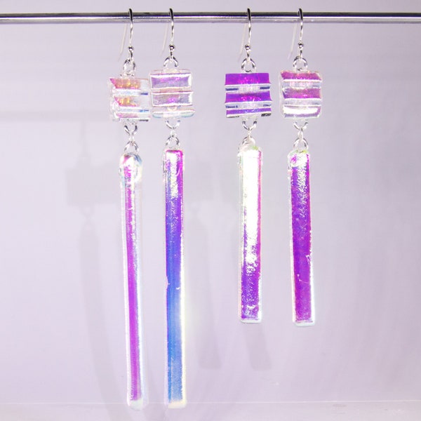 These dichroic drops  are simple, but make a statement, handmade dichroic glass earrings, 3 3/4" or3"