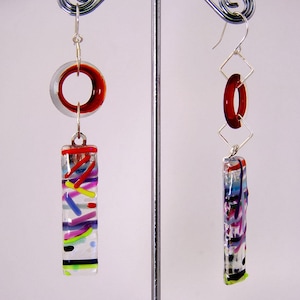 Handmade glass earrings &quot;Red Lifesavers and Stix&quot;-Fused Glass Fun! These lightweight earrings will still go with many colors.3&quot;x5/8