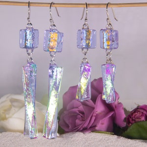 Luscious Lavender, handmade dichroic glass earrings, glass earrings, made with rectangles of overlapping dichroic on lavender glass.