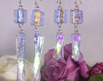 Luscious Lavender, handmade dichroic glass earrings, glass earrings, made with rectangles of overlapping dichroic on lavender glass.