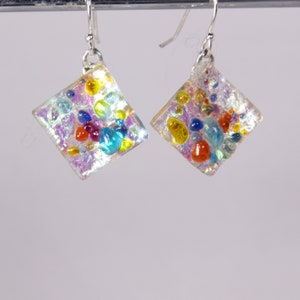 Diamond Dichroic Jewels, Dichroic glass earrings, glass earrings made with colored glass jewels, are a real standout.
