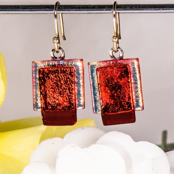 Red Jello-Dichroic Drops, handmade dichroic glass earrings, small drops that glow red for these earrings. 3/4 x 5/8"