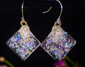 Dichroic Bits, handmade dichroic glass earrings, glass earrings, made with a rainbow of dichroic glass frit.  1" x 1". or 5/8 x 5/8,