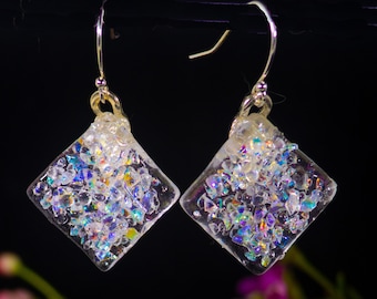 Dichroic Bits, handmade dichroic glass earrings, glass earrings, made with a rainbow of dichroic glass frit.  1&quot; x 1&quot;. or 5/8 x 5/8,