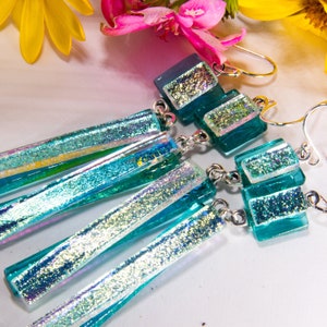 Luscious Ocean Green, Handmade dichroic glass earrings, glass earrings, made with either silver or gold wires and fasteners.