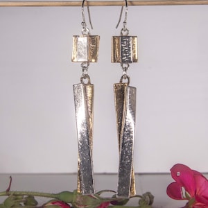 Adrienne&#39;s earrings-Stunning 24 KT Gold with White Gold overlay in a twist, handmade dichroic glass earrings, . 3&quot; x 1/4&quot;