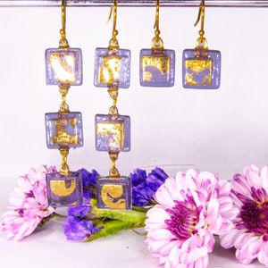 Lavender and Gold drops, handmade dichroic glass earrings, glass earrings, made with hand painted 24kt Gold swirl pattern on lavender.