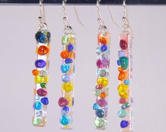 Colored Drops, Handmade Dichroic glass earrings, glass earrings, with  rainbow colored glass drops, light reflects through the many colors.