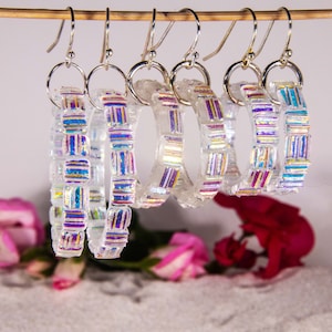Mosaic Hoops with Dichroic glass,  handmade dichroic glass earrings, glass earrings, with lined squares arranged around a clear glass hoop.