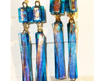Luscious Sky Blue, handmade dichroic glass earrings, glass earrings, made of blue and dichroic glass twisted together.