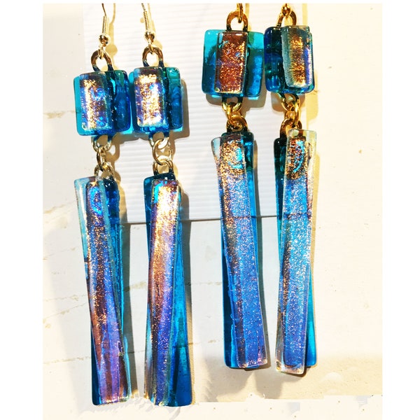 Luscious Sky Blue, handmade dichroic glass earrings, made of layers of glass with the Dichroic catching the light. 3" x 1/4"Visit my shop