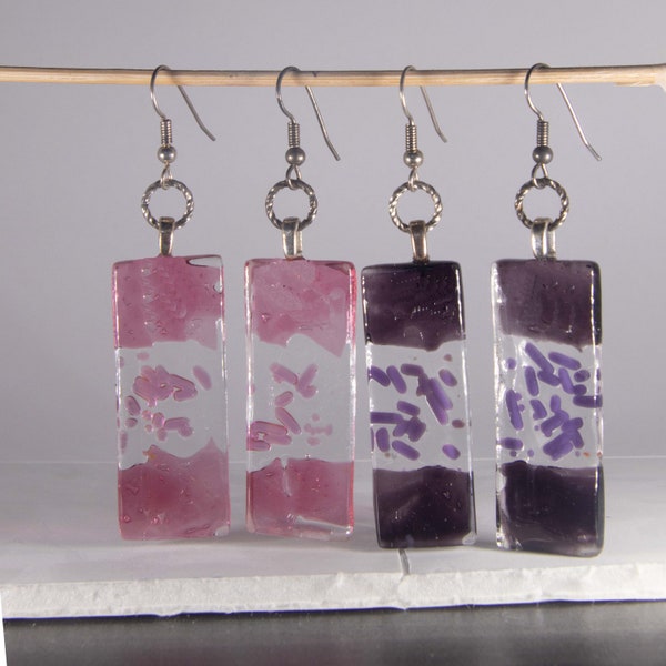 Candy Colors with Twix, transparent chips of glass with threads of the same color in the middle. Handmade fused glass earrings.1 5/8 x 5/8