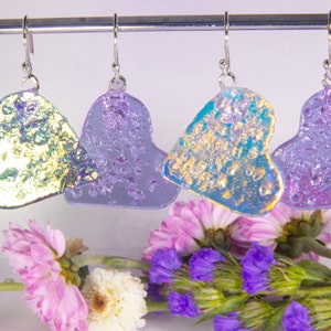 Dichroic and Purple hearts, glass earrings,  in two sizes-Handmade Dichroic glass earrings 1 1/2 and 1 1/4&quot; down.