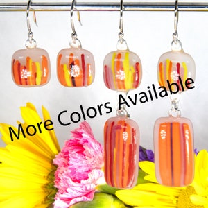 Colored Threads, dichroic drop earrings with stringers of colored glass, They are surprisingly light. 2 x 1/2&quot;
