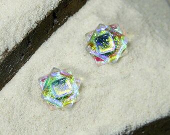 Rose Bud Studs -Handmade dichroic glass earrings made up of layers of dichroic glass" 1/2"sq.