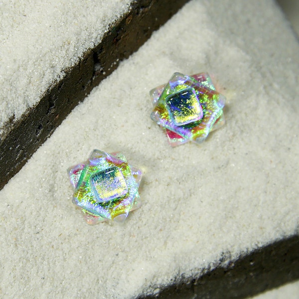 Rose Bud Studs -Handmade dichroic glass earrings made up of layers of dichroic glass" 1/2"sq.