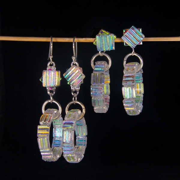 Mosaic Hoops (studs-wire tops) , handmade dichroic glass earrings, squares arranged around clear glass 3 sizes,.2", 1 1/2", 1" Visit my shop