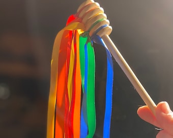 Rainbow Ribbon Honey Wand - Wooden Honey Wand with Decorative Ribbon - Dance, Music, and Rhythm  Sensory Play - Single or Multi-Packs