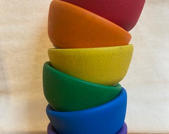 Hand Painted Rainbow Wooden Mini Stacking Bowls - Set of 6 - Bowls Only - Smoothly Sanded from Birch Wood and Hand Painted