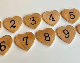 Wooden Counting Hearts 1-10 - Learn to Count Coins - Number Recognition Coins