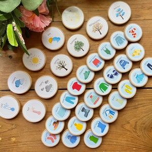 May include: A set of 36 colourful, illustrated wooden circles with various clothing items and weather conditions. The circles are arranged in a circular pattern on a wooden surface. The words on the circles include: "cold", "snowy", "sunny", "day", "hot", "rainy", "spring", "summer", "winter", "autumn", "wool sock", "sun hat", "shorts", "snow pants", "t-shirt", "snow boots", "wool hat", "shirt", "rain jacket", "vest", "rain boots", "pajamas", "dress", "sandals", "skirt", "pants", "swim shorts", "sweatshirt", "sweater", "scarf".