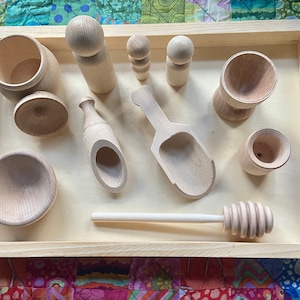 Wooden Sensory Bin Tools, Sensory Tray Kit, Montessori, 11-Piece Set, Tongs, Scoops, Honey Wand, Bowl, Peg People, Cup, For Sensory Play Fun