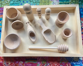 Wooden Sensory Bin Tools, Sensory Tray Kit, Montessori, 11-Piece Set, Tongs, Scoops, Honey Wand, Bowl, Peg People, Cup, For Sensory Play Fun