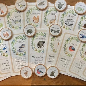 Spaanse kernwaarden en karaktereigenschappen Kaarten, houten penningen, +/of houten magnetenbundels om te leren-aquarel, op de natuur geïnspireerd-homeschool