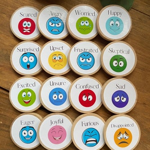 Wooden Emotions and Feelings Coins + Magnets for Learning-Elementary+Homeschool- Set of 16 Birch 2" Coins - Montessori, Optional Memory Game