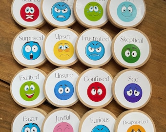 Hölzerne Emotionen und Gefühle Token für das Lernen-Grundschule + Homeschool - 16er-Set - Montessori, optional Memory-Spiel DIGITALER DOWNLOAD
