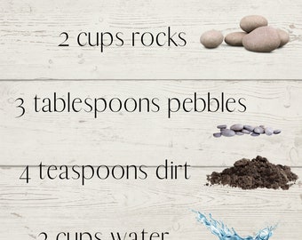 May include: A humorous recipe for "Stone Stew" with a wooden spoon, a pile of dirt, rocks, pebbles, and a splash of water. The recipe reads: "2 cups rocks, 3 tablespoons pebbles, 4 teaspoons dirt, 2 cups water. Mix, simmer, and enjoy!"