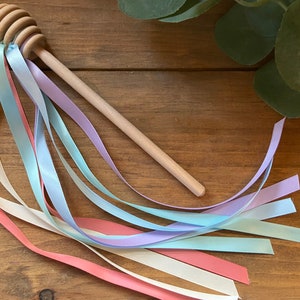 Pastel Rainbow Ribbon Honey Wands - Colorful Wooden Ribbon Wand - Rhythm and Music Play for Little Ones - Sets of One or Two Available